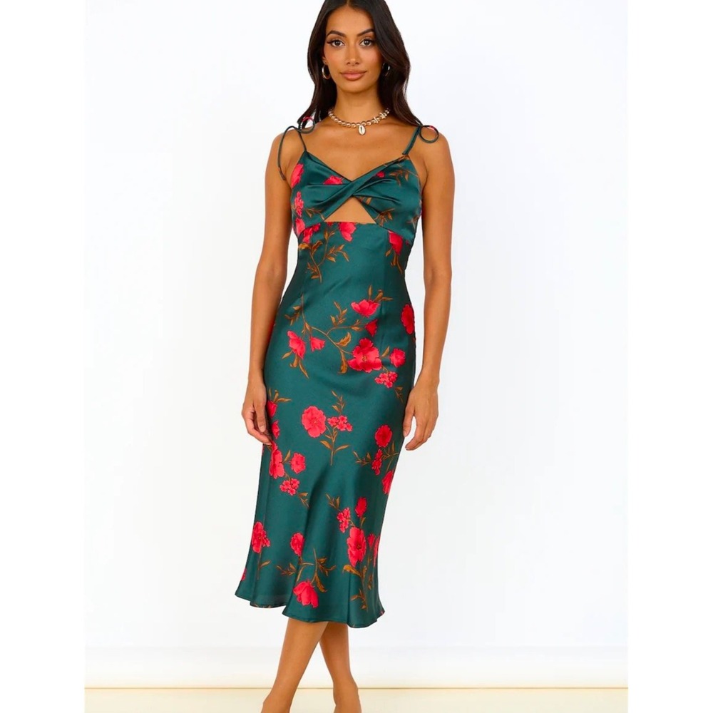 Hello Molly‎ Floral Satin Midi Dress Green Red Twist Front Cutout Open Back Sz 4